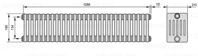 Схема (чертеж) Радиатор Zehnder Charleston 6019/28 №1270 Белый глянцевый RAL 9016